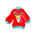 Red sweater with deer by watercolor on white background. Winter knitwear handdrawn illustration.