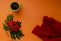 Red sweater, green mug, rowan berries on orange background. Flat lay composition