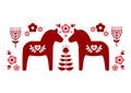 Red Swedish dala horse and red pink flower patterns illustrate vector