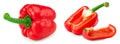 Red sweet bell pepper with drops and cut slices isolated on white background. clipping path Royalty Free Stock Photo