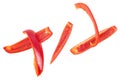 Red sweet bell pepper sliced strips isolated on white background, top view. Red fresh paprika Royalty Free Stock Photo