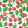 Red sweet cherries and green leaves. Vector hand drawn illustration, seamless pattern Royalty Free Stock Photo