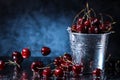 Red sweet cherries in a metal bucket on a dark and blue background. Summer taste. Fresh berries under the water drops. Royalty Free Stock Photo