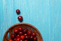 Red sweet cherry in a clay plate on a turquoise wooden table