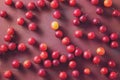 Red sweet cherry plums scattered on table. Royalty Free Stock Photo