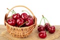 Red sweet cherry in a wicker basket on wooden table isolated on white background with clipping path and full depth of Royalty Free Stock Photo