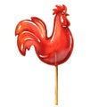 Red sweet cock, cockerel, lollipop on stick, isolated, watercolor illustration