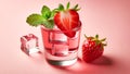red sweet cold party drink, served in an elegant shot glass with ice cubes, a strawberry slice Royalty Free Stock Photo
