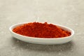 Red sweet paprika powder on plate on grey background Royalty Free Stock Photo