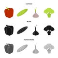 Red sweet pepper, green cucumber, garlic, cabbage. Vegetables set collection icons in cartoon,black,monochrome style Royalty Free Stock Photo