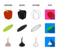 Red sweet pepper, green cucumber, garlic, cabbage. Vegetables set collection icons in cartoon,black,outline,flat style Royalty Free Stock Photo