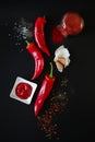 Red sweet peppers, garlic and spices on a black background. Royalty Free Stock Photo