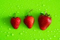 Red sweet ripe strawberry berry on green matte background with water drops Royalty Free Stock Photo