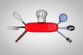 Red Swiss knife with utensils set tools of kitchen Royalty Free Stock Photo