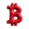 Red symbol bitcoin made of inflatable balloon isolated on white background