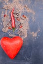Red symbol of heart and chili peppers and dark chocolate piece Royalty Free Stock Photo