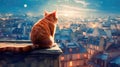 A red tabby cat sits on the roof of a house in Paris and looks at the moon, a beautiful view. Generative AI Royalty Free Stock Photo