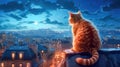A red tabby cat sits on the roof of a house in Paris and looks at the moon, a beautiful view. Generative AI Royalty Free Stock Photo