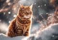 A red cat in a snowy forest