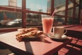 a red table with croissants and a drink