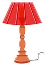 Red table lamp with classic design and light bulb visible. Home decor and interior lighting vector illustration