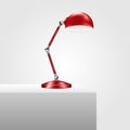 Red table lamp on white desk. Vector illustration. Adjustable interior light with matte metal lampshade