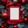 Red Tablet E-reader with Red and Silver Christmas Holiday Background Royalty Free Stock Photo