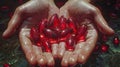 red tablets with liquid in people's hands, in the style of dark amber, babycore, back button focus. Generative AI