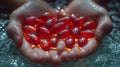 red tablets with liquid in people's hands, in the style of dark amber, babycore, back button focus. Generative AI