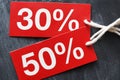 30% 50% red tags, promotion, sale or bonus. Concept for business