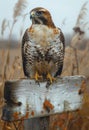Red tailed hawk perched on wooden post. Hawk perches on wooden post in forest. Royalty Free Stock Photo