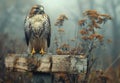 Red tailed hawk sitting on wooden post in the fog Royalty Free Stock Photo