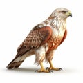 Red-tailed hawk standing on ground. It is positioned in front of white background, with its wings spread out and