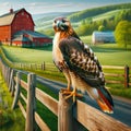 Red-tailed Hawk Wood Fence Post Countryside Springtime Farming Landscape Red Barn AI Generated