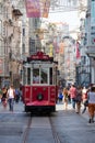 Red Taksim Tunel Nostalgic Tram on the istiklal street. Istanbul, Turkey