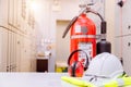 Industrial fire extinguishing system. Red tank of fire extinguisher Royalty Free Stock Photo