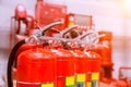 Red tank of fire extinguisher Overview of a powerful industrial fire extinguishing system Royalty Free Stock Photo