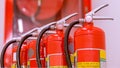 Red tank of fire extinguisher Overview of a powerful industrial fire extinguishing system