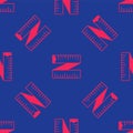 Red Tape measure icon isolated seamless pattern on blue background. Measuring tape. Vector Royalty Free Stock Photo