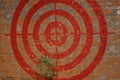 Target on the red brick wall. Graffiti. They hit the target with a broom. Fragments are flying Royalty Free Stock Photo