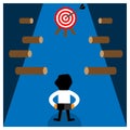 Red target icon and business man. This theme template is showing the concept of obstacles in achieving goals. Royalty Free Stock Photo