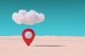 Red Target Map Pointer Pin under Cloud in Desert. 3d Rendering
