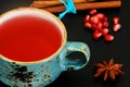 Red Tea with beautiful cup, decorated with cinnamon and pomegran Royalty Free Stock Photo