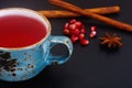 Red Tea with beautiful cup, decorated with cinnamon and pomegran Royalty Free Stock Photo