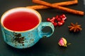 Red Tea with beautiful cup, decorated with cinnamon and pomegran Royalty Free Stock Photo