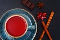 Red Tea with beautiful cup, decorated with cinnamon and pomegran Royalty Free Stock Photo