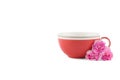 Red tea cup and pink carnation flower Royalty Free Stock Photo