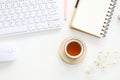 Red tea and spiral notebook with pencil and mouse and keyboard with dry flower Royalty Free Stock Photo