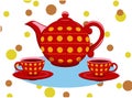 Red teapot with cups. Red and yellow. Isolated elements. English breakfast.