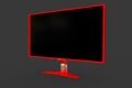 Red technological computer screen with fictional design isolated on grey - very detailed photorealistic 3D illustration of object